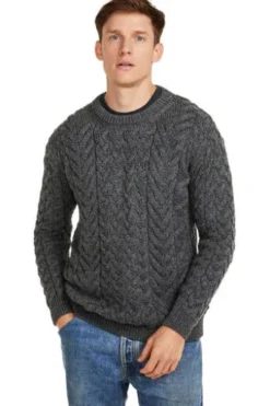 ARAN Rundhals Pullover anthrazit Merinowolle Supersoft