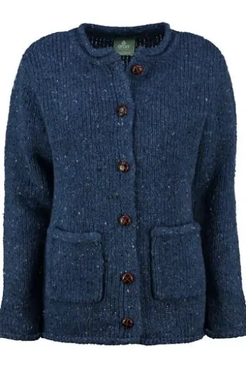 ARAN Strickjacke blau aus Donegal- Tweedgarn