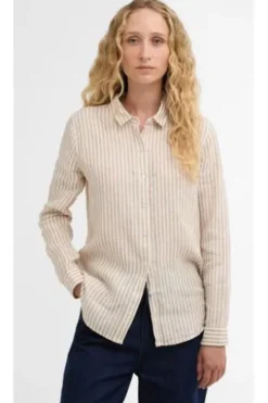 BARBOUR Leinen-Bluse rosa gestreift Langarm