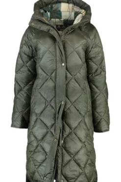 BARBOUR Stepp-Mantel Sandyfort oliv mit klassischem Tartan Karo in der Kapuze