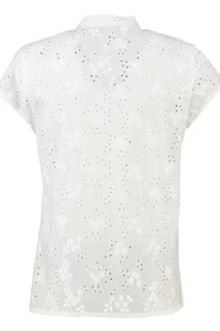 BERWIN Bluse weiß Kurzarm mit allover Lochstickerei und Stehlkragen