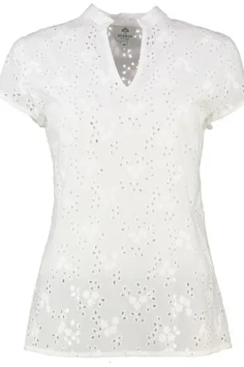 BERWIN Bluse weiß Kurzarm mit allover Lochstickerei und Stehlkragen