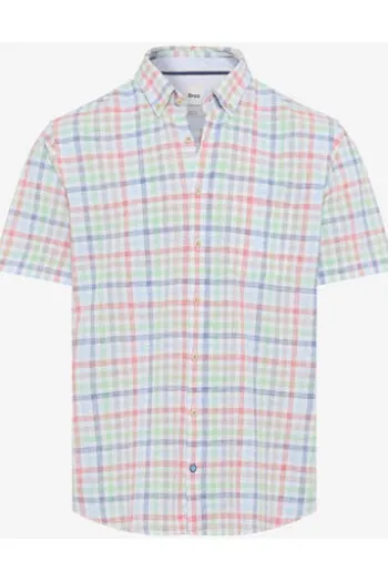 BRAX Hemd blau kariert Modern Fit Halbarm