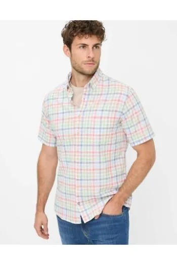 BRAX Hemd blau kariert Modern Fit Halbarm