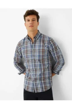 BRAX Hemd Daniel blau/braun kariert Modern Fit Langarm Button-Down