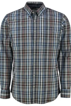 BRAX Hemd Daniel blau/braun kariert Modern Fit Langarm Button-Down