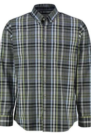 BRAX Hemd Daniel blau/grün kariert Modern Fit Langarm Button-Down