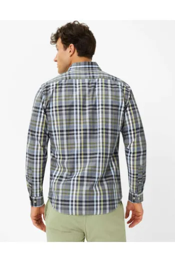 BRAX Hemd Daniel blau/grün kariert Modern Fit Langarm Button-Down