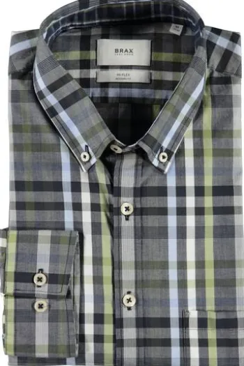 BRAX Hemd Daniel blau/grün kariert Modern Fit Langarm Button-Down