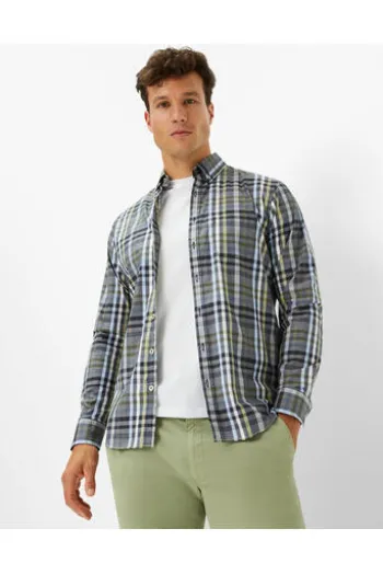 BRAX Hemd Daniel blau/grün kariert Modern Fit Langarm Button-Down