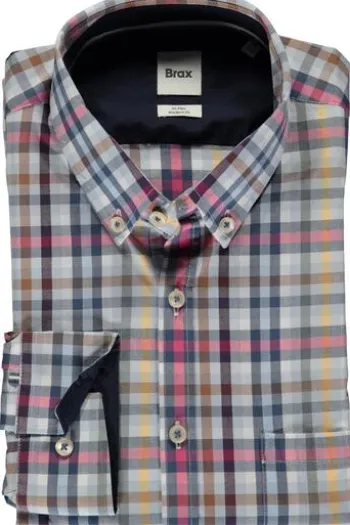 BRAX Hemd Daniel hellblau kariert Modern Fit Langarm Button-Down