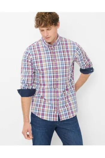 BRAX Hemd Daniel hellblau kariert Modern Fit Langarm Button-Down