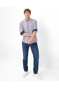 BRAX Hemd Daniel hellblau kariert Modern Fit Langarm Button-Down