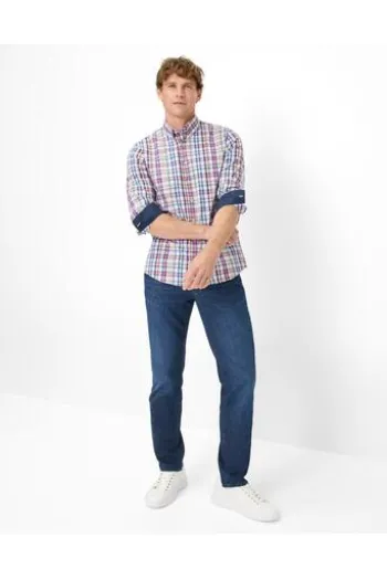 BRAX Hemd Daniel hellblau kariert Modern Fit Langarm Button-Down