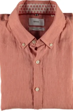 BRAX Leinen Hemd Dan pfirsich kariert Slim Fit kurzarm