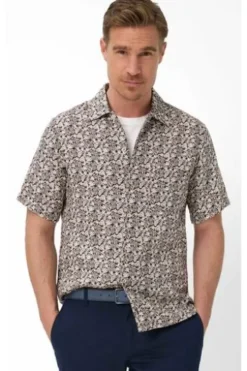 BRAX Leinen Hemd Luke peanut geblümt Modern Fit Kurzarm