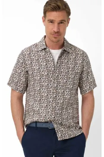 BRAX Leinen Hemd Luke peanut geblümt Modern Fit Kurzarm