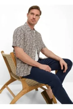 BRAX Leinen Hemd Luke peanut geblümt Modern Fit Kurzarm