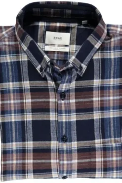 BRAX Light Flanell Hemd Daniel blau/braun kariert Modern Fit Langarm Button-Down