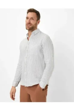 BRAX Streifen Leinen Hemd Dirk grün gestreift Modern Fit Langarm Leinen