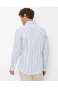 BRAX Streifen Leinen Hemd Dirk hellblau gestreift Modern Fit Langarm Leinen