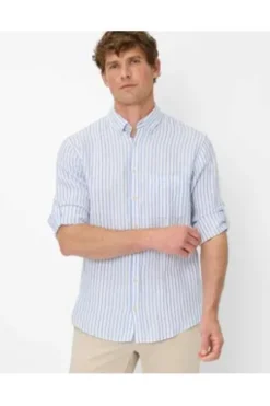 BRAX Streifen Leinen Hemd Dirk hellblau gestreift Modern Fit Langarm Leinen