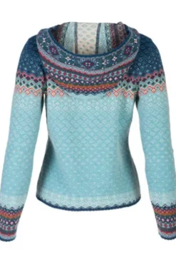 DUNQUE Jacquard-Strickjacke Petrol-natur-bunt gemustert mit Kapuze
