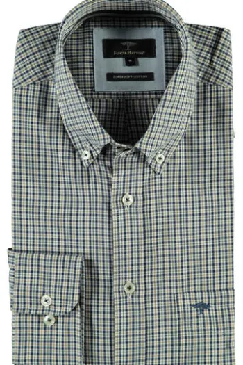 FYNCH HATTON Hemd blau/beige kariert Regular Fit Langarm