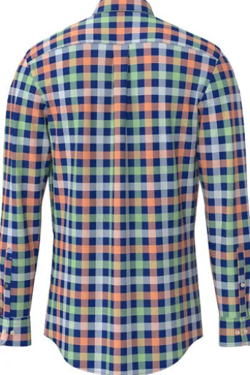 FYNCH HATTON Hemd blau/orange kariert Comfort Fit Langarm Button-down