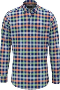 FYNCH HATTON Hemd blau/orange kariert Comfort Fit Langarm Button-down