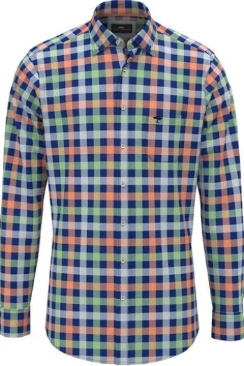 FYNCH HATTON Hemd blau/orange kariert Comfort Fit Langarm Button-down
