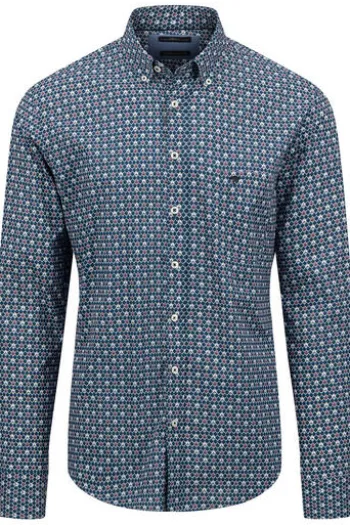 FYNCH HATTON Hemd blau/rot gemustert Regular Fit Langarm Button-Down