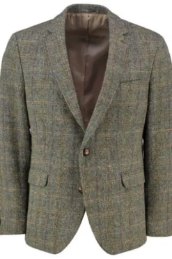 GEBR. WEIS Harris Tweed Sakko oliv kariert mit Lederpatches