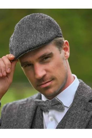 Harris Tweed Mütze Henry Cap anthra herringbone gemustert