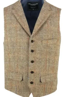 Harris Tweed Weste Wales sand herringbone kariert