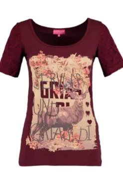Krüger Dirndl Trachten-T-Shirt Servus & Grias Di weinrot