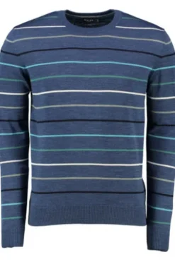 MAERZ Rundhals Pullover Blau gestreift extra feine Merinowolle