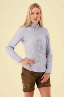 OS TRACHTEN Bluse blau gestreift langarm mit Rüschenbesatz