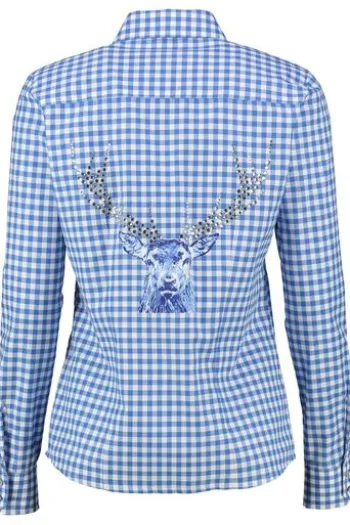 OS TRACHTEN Bluse blau kariert mit Hirschmotiv