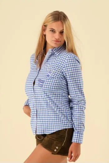 OS TRACHTEN Bluse blau kariert mit Hirschmotiv