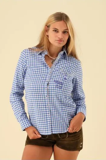OS TRACHTEN Bluse blau kariert mit Hirschmotiv