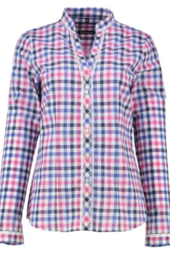 OS TRACHTEN Bluse pink kariert langarm mit Spitzenborte