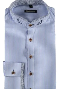OS TRACHTEN Hemd blau gestreift Slim Fit Langarm mit Stehkragen