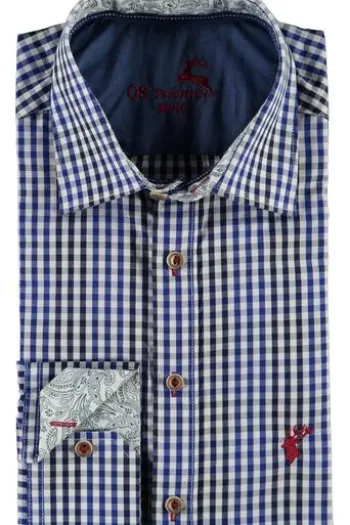 OS TRACHTEN Hemd blau kariert Slim Fit Langarm Haifischkragen