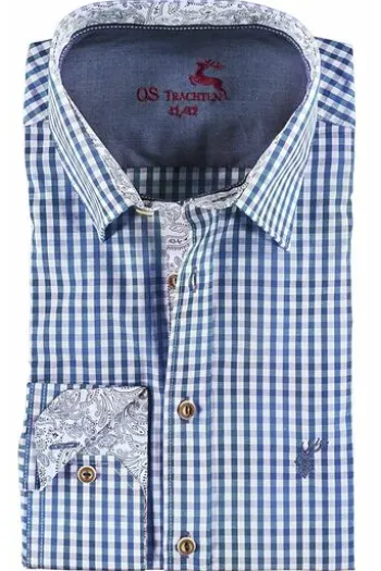 OS TRACHTEN Hemd blau kariert Slim Fit Langarm Haifischkragen