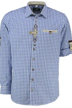 OS TRACHTEN Hemd blau kariert Regular Fit Langarm mit Krempelarm