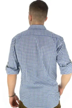 OS TRACHTEN Hemd blau kariert Regular Fit Langarm mit Krempelarm