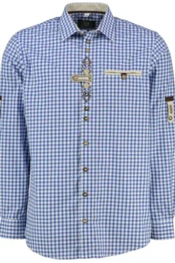 OS TRACHTEN Hemd blau kariert Regular Fit Langarm mit Krempelarm