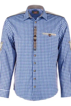 OS TRACHTEN Hemd blau kariert Regular Fit Langarm mit Stickerei