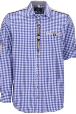 OS TRACHTEN Hemd blau kariert Regular Fit Langarm mit Stickerei